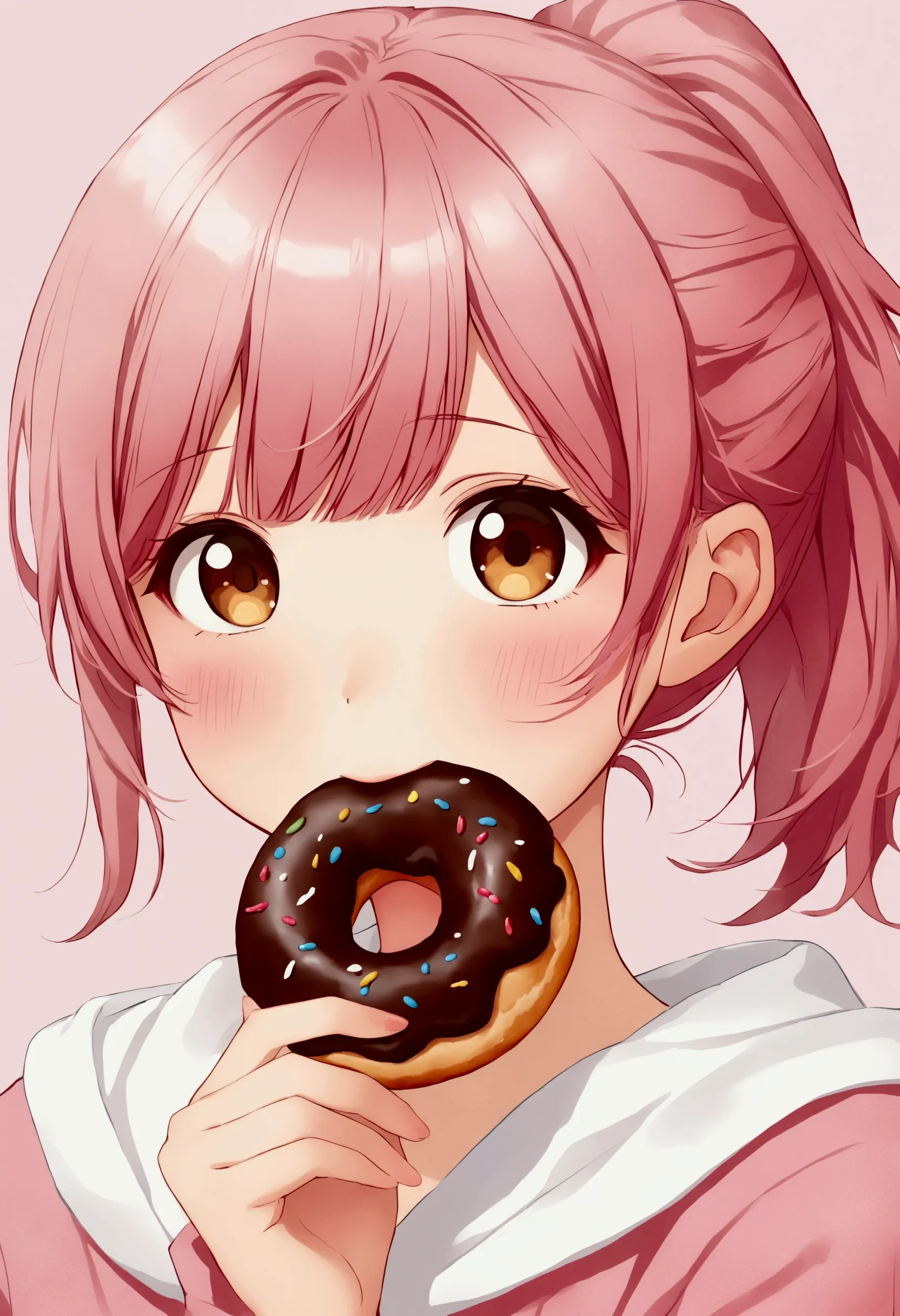 Anime girl eating chocolate donut，Pink ponytail, Animation works by Kentaro Miura, pixiv, realism, Eat donuts, cute的动漫女孩, Young ...