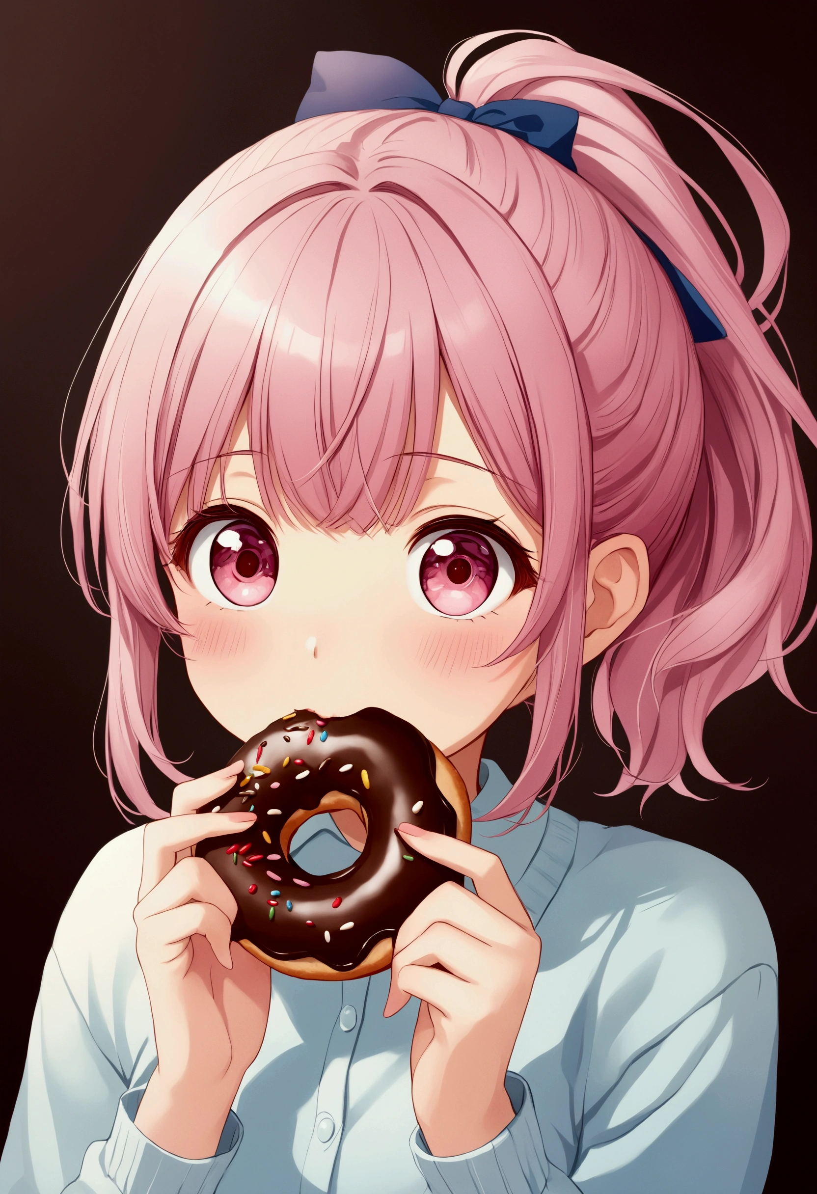 Anime-Mädchen isst Schokoladendonut，Rosa Pferdeschwanz, Animationswerke von Kentaro Miura, pixiv, Realismus, Donuts essen, süßes Anime-Mädchen, junges Anime-Mädchen, Schöne Anime-Highschool, Süßes Anime-Mädchen, süßes Anime-Mädchen portraits, Anime-Stil 4K, süßes Anime-Mädchen portrait, Kawaii realistisches Porträt, Anime-Hintergrundbild 4k