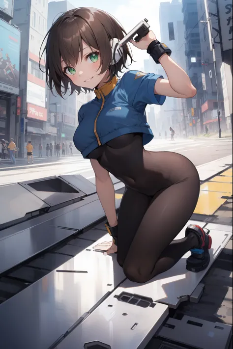 aile_megamanzx, kneeling with one hand on the ground and the other arm raised, 1girl, solo, short hair, brown hair, short sleeve...