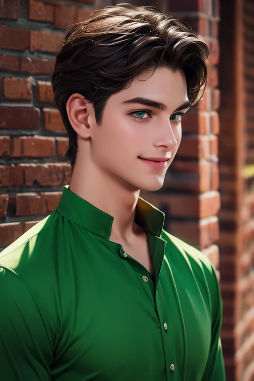 boy with medium length dark brown hair, green eyes, detailed and happy face, Best quality work, 16 thousand.