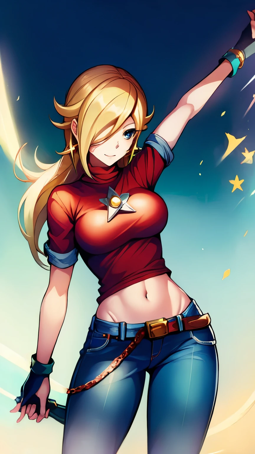 Rosalina wearing a red top, jeans, fingerless gloves, holding a chain line