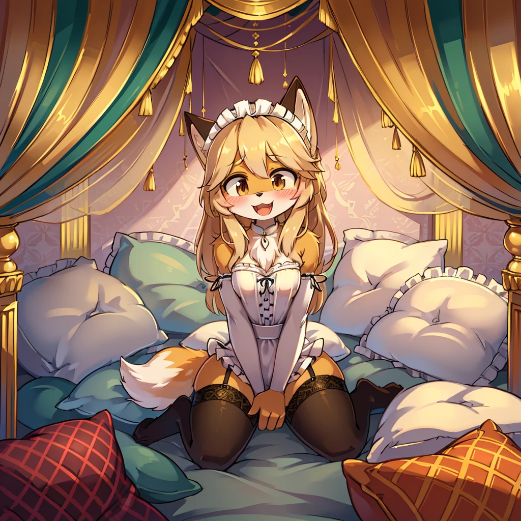 （masterpiece，best quality），mine, The Beast, , (Light and shadow suitable for any Pillow background））, Cute girl in maid costume posing on Pillow, Maid costume，White，nature,, (blush),a smile，Pillow,（Lots of Pillow），Soft cushion，（canopy bed），（Pillow），Lots of Pillow，（Friction in the crotch），（（Pillow Hump）），（A tail），（Around the protagonist），steam，（Pillow），（Luxury Pillow），（Palace Pillow Pattern Pillow），（palace），（Palace bedroom），（Gorgeous Pattern Pillow），Soft Pillow，，（Classical European style bedroom ），（excited，shy person，Lack of expressiveness，），pillow hump,Fox Girl，(Deluxe Rococo Canopy King Bed),Luxurious curtains with ornate ruffles and ribbons hang around the large bed.,((((The bed is piled with many Pillows)))),Quilt details,Detailed bed linen,Ruffled Bed Skirt,Deep Bed,Background with depth,((Pillow in detail)), ((((A Lot of Pillow))))，,，Detailed Soft Pillow,,((女孩正躺在许多Soft Pillow上,There are many Pillows around))，、、In a large canopy bed、Soft sheets and quilts、Colorful soft Pillow、Lots of Ruffled Pillows and Ruffled Bed Skirts、Soft toned bed、Ruffled curtains around the bed.。Delicate face，（Gorgeous pattern pillow），Soft pillows，，（Classical European style bedroom ），（excited，Opened his mouth，Shy，），ifox girl，Lace pantyhose，