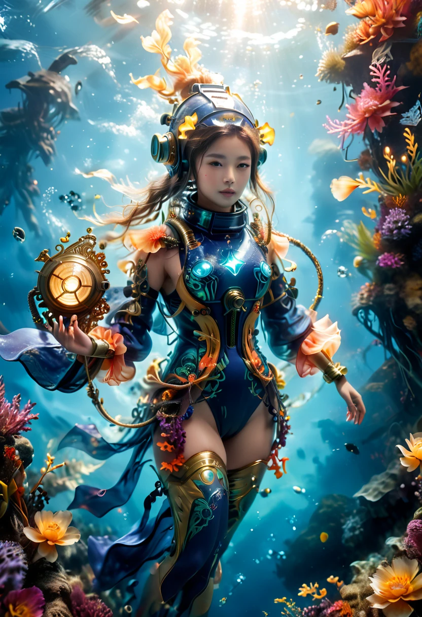 (best quality, Ridiculous, high resolution, extremist detailed, Dynamic angle:1.2), 1girl, mage, Hydromancer, (rich and colorful:1.3), Gorgeous diving jumpsuit, Lama diving helmet, glowing cybernetics, Robe woven with celestial patterns, (cast a spell, occult knowledge, Empower allies, Elemental Water Magic:1.5), Elegant and glowing runes, (underwater:1.2), marine plants, bioluminescence, futuristic, science fiction, (intricate details, hyperdetailed:1.15), (extremisthigh resolution textures), (Volumetric, Dark blue) light, (Full body shot:2.0), (Wide-angle lens:2.0), Bokeh, cinematic, Caustics, depth of field, masterpiece, 8k, award winning, anatomically correct, textured skin, high details