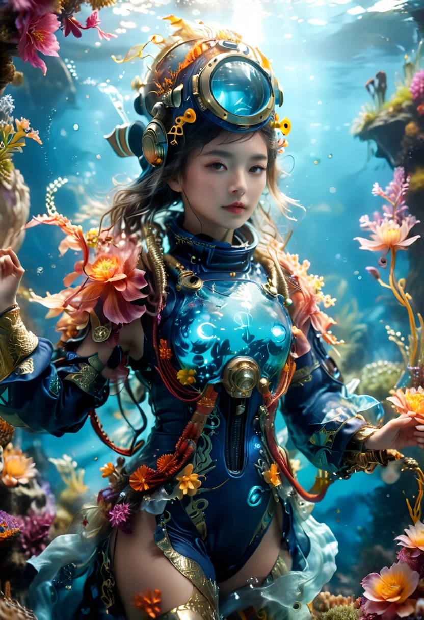 (best quality, Ridiculous, high resolution, extremist detailed, Dynamic angle:1.2), 1girl, mage, Hydromancer, (rich and colorful:1.3), Gorgeous diving jumpsuit, Lama diving helmet, glowing cybernetics, Robe woven with celestial patterns, (cast a spell, occult knowledge, Empower allies, Elemental Water Magic:1.5), Elegant and glowing runes, (underwater:1.2), marine plants, bioluminescence, futuristic, science fiction, (intricate details, hyperdetailed:1.15), (extremisthigh resolution textures), (Volumetric, Dark blue) light, (Full body shot:2.0), (Wide-angle lens:2.0), Bokeh, cinematic, Caustics, depth of field, masterpiece, 8k, award winning, anatomically correct, textured skin, high details