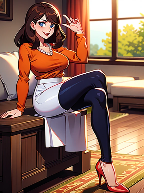 8K, Ultra HD, super details, high quality, high resolution, Masterpiece, intricate details, 1female, solo, 38 year old female, adult female, long brown hair, bangs, blue eyes, red lipstick, mascara, medium breasts, red manicured nails, looking at viewer, whimsical expression, calm smile, house wife, mother, ((Wearing: Orange V-neck shirt with long sleeves, wedding ring, pearl necklace, grey leggings, and heels)), standing, looking at viewer
