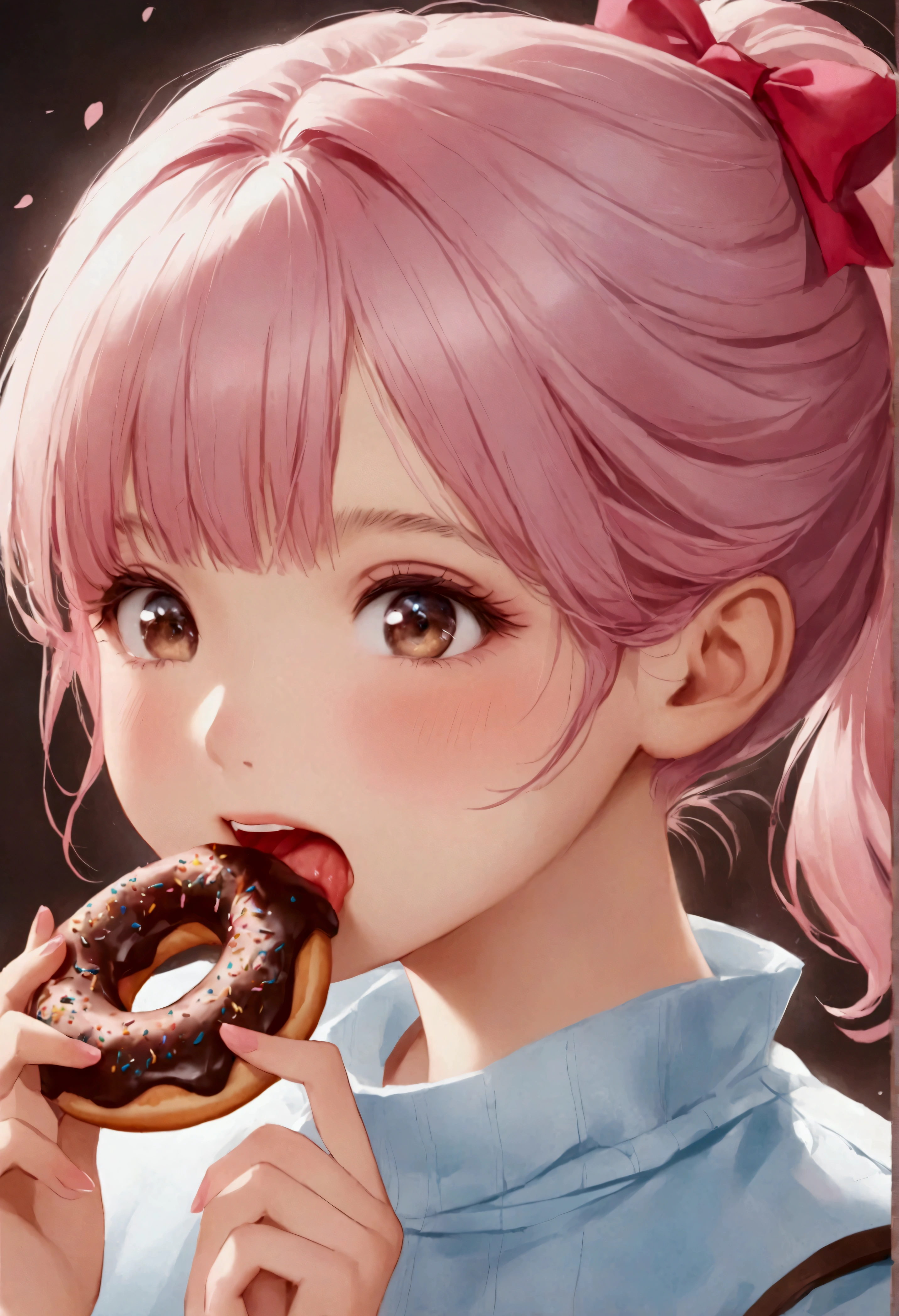 Niña comiendo donut de chocolate，morderse los dientes，cola de caballo rosa, pixiv, realism, comer donas,lindo女孩的动漫视觉图,  fondo de pantalla animado 4k，lindo:2