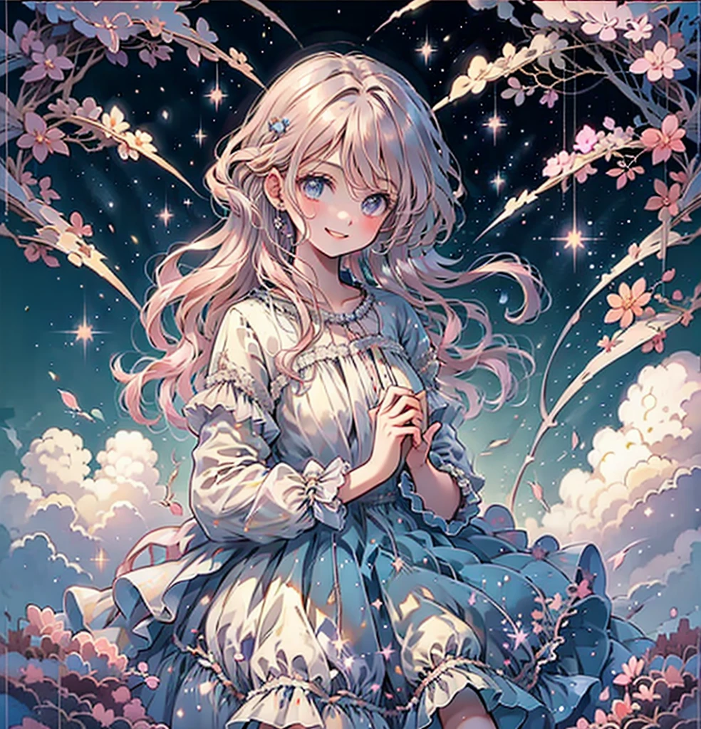 (masterpiece,Highest quality, Very detailed, beautiful, Exquisite, 16K, Full HD), ((smile,Happy:1.5)),get up,((Frills, Sparkling fluffy layered ball gown)), (Pink medium hair,Wavy Hair,Fluffy hair),(White skin,Lavender eyes, Long eyelashes, Big eyes,Pale pink cheeks), (pastel colour,Fantasy art:1.2),Facing forward,Upper Body,身体はFacing forward,No text