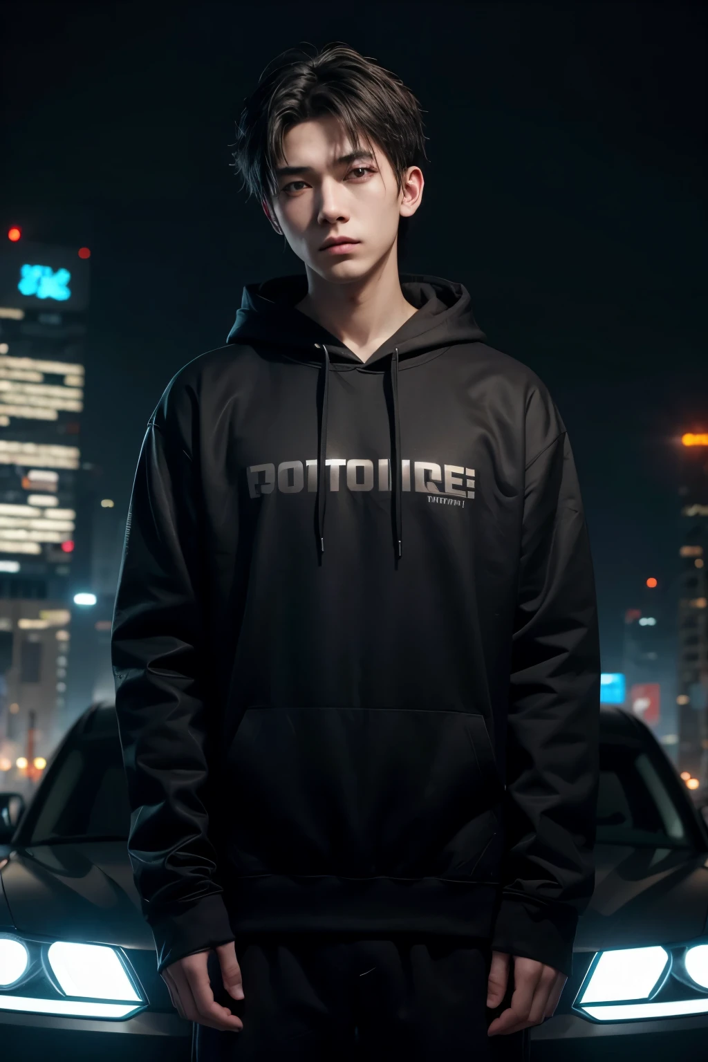 por zackary911, (cafesoda:1.1), Hioshiru, zackary911, Pure, the second, male, Alone, CLOTHES, for the, 2022, black CLOTHES, hoodie, black clothes, eyes with eyelids, black hoodie, cyberpunk city background,