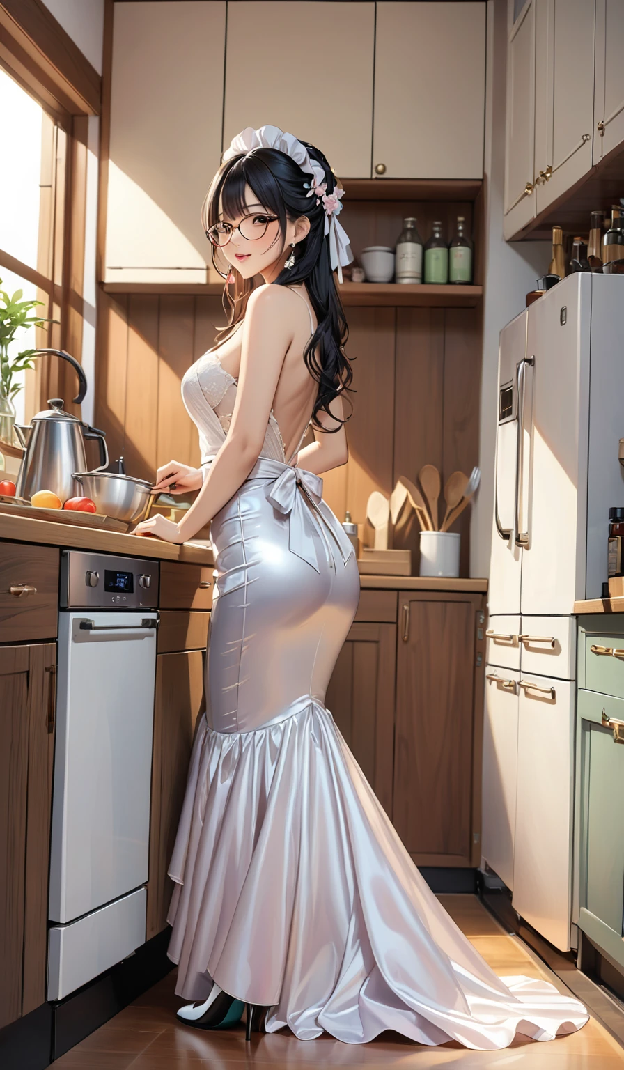 (masterpiece,highest quality,超A high resolution),japanaese girl with long black hair (((Very beautiful 35 year old girl))), pretty maid woman, a woman in the mermaid long train skirt,the skirt is very long, full body, wear apron, wear glasses,long satin, flowy dramatic long skirt,body height 165, coocking in kitchen, wear high heels,  masterpice  (Shiny long train dress mermaid-style long skirt )