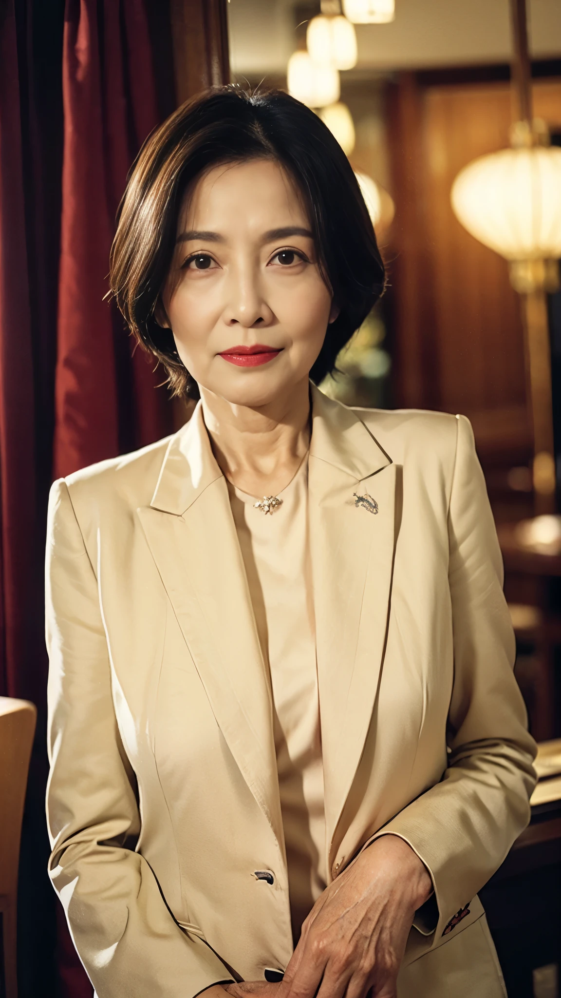 Masterpiece, ((Great focus)), 32K, Beautiful finish, Thai, Beautiful mature woman、60-year-old woman、Photo of your ID、Red lips, Thin lips, suit、Round 1, Light from the front,