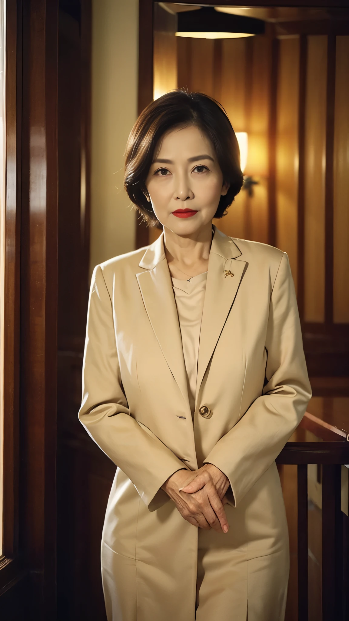 Masterpiece, ((Great focus)), 32K, Beautiful finish, Thai, Beautiful mature woman、60-year-old woman、Photo of your ID、Red lips, Thin lips, suit、Round 1, Light from the front,