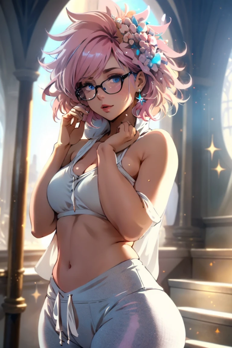 short beautiful women, chubby, plus size, tan skin, blue eyes, freckles all over body, short pixie cut hair, messy hair, pink hair, big round glasses, (shiny tan skin), solo, rating:questionable, cute pose, crop top hoodie, yoga pants, comfy, relaxed,