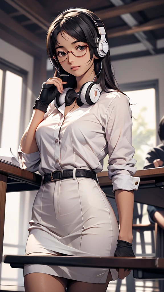 whole body, entire body, full body, total body, upright stance, erect posture, shoes, navel, 20-years-old beautiful working female, (black rim glasses), (white headphones), black hair, date clothes, early summer costume, colorful costumes, knowledge, scholarship, enthusiasm, front of whole body, concentration, sense of accomplishment, masterpiece, top quality, 4K, academic atmosphere, (masterpiece), (best quality), ultra-high res, sharp focus, high definition eyes, anime style