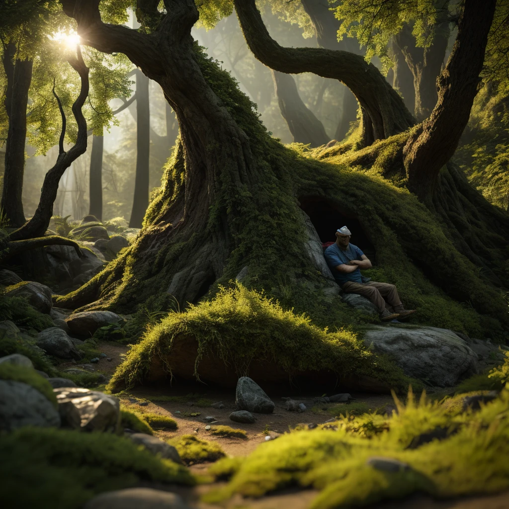 ein schleimiger, schleimige Kreatur, Farbe: grün, mit einem durchscheinenden, amorpher Körper, sitzt auf einem Felsen in einer üppigen, grüne Waldlandschaft, mit Sonnenlicht, das durch die Blätter fällt, Erschaffung eines magischen, außerweltliche Atmosphäre, sehr detailliert, 8k, fotorealistisch, komplizierte Texturen, leuchtende Highlights, dynamische Beleuchtung