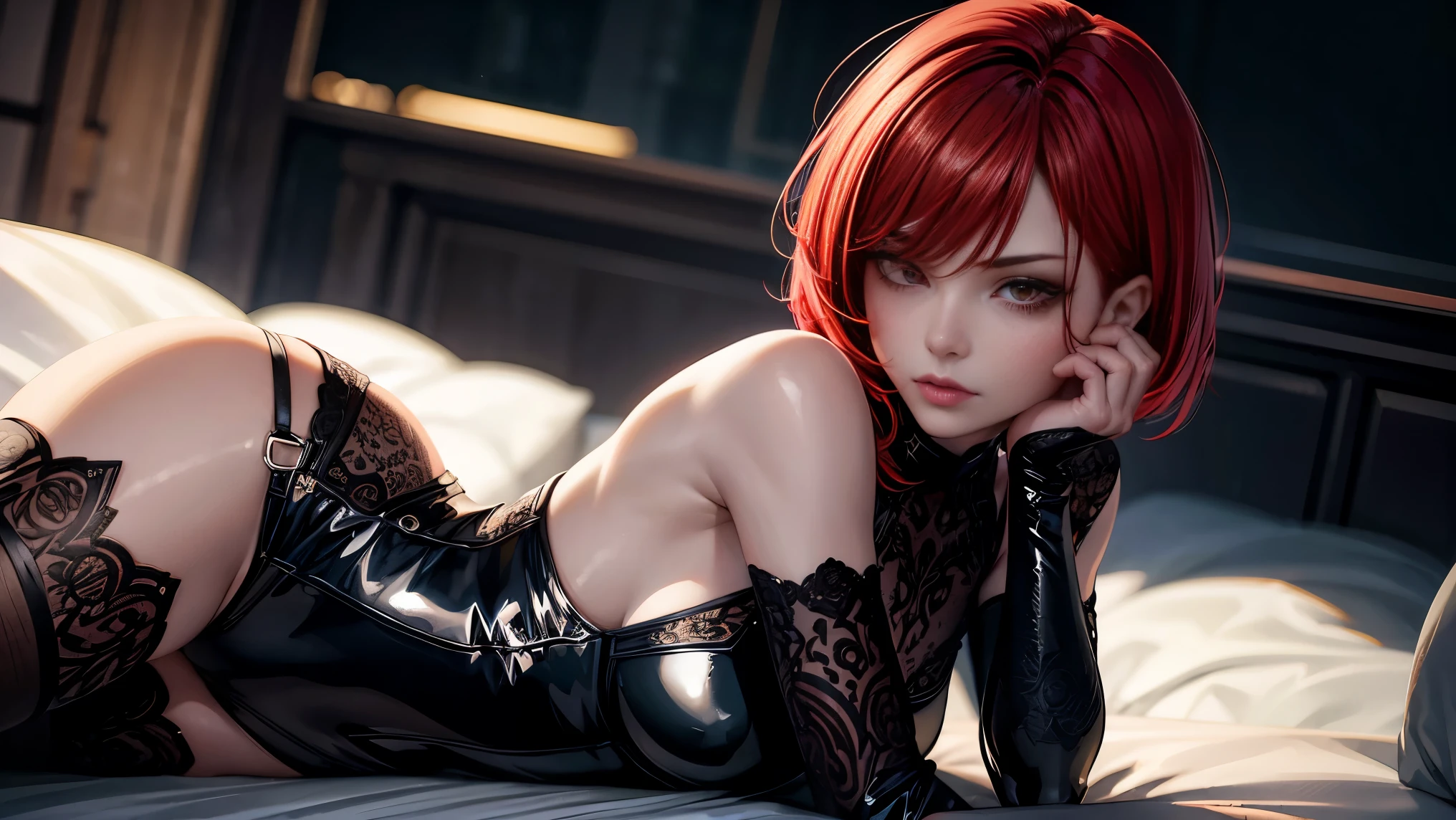 1girl, red short bob haircut, beautiful detailed red eyes, tight black spandex bodysuit, nsfw, high quality, 4k, ultra-detailed, photorealistic, hyper detailed, intricate details, depth of field, dramatic lighting, cinematic, mood lighting, vibrant colors, neon colors, glowing skin, flawless skin, porcelain skin, seductive expression, sensual pose, elegant, mysterious, dark fantasy, erotic, mature content