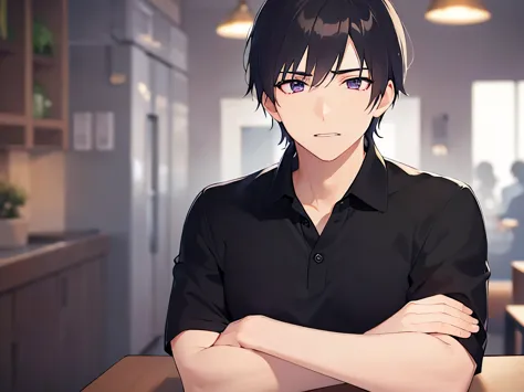 shiny skin,masterpiece,Highest quality,(27-year-old male:1.5),BREAK(Black short hair) and (Purple eyes)BREAK,(Black polo shirt:1.5),(Serious),crossed arms,The background is the interior of a cafe,(Alone:1.5)