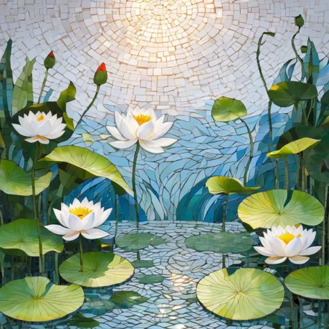 white background, white lotus, lotus leaves, swimming fish, flying butterflies, mosaic radiation: 1.2, welcoming sunlight: 0.8, ...