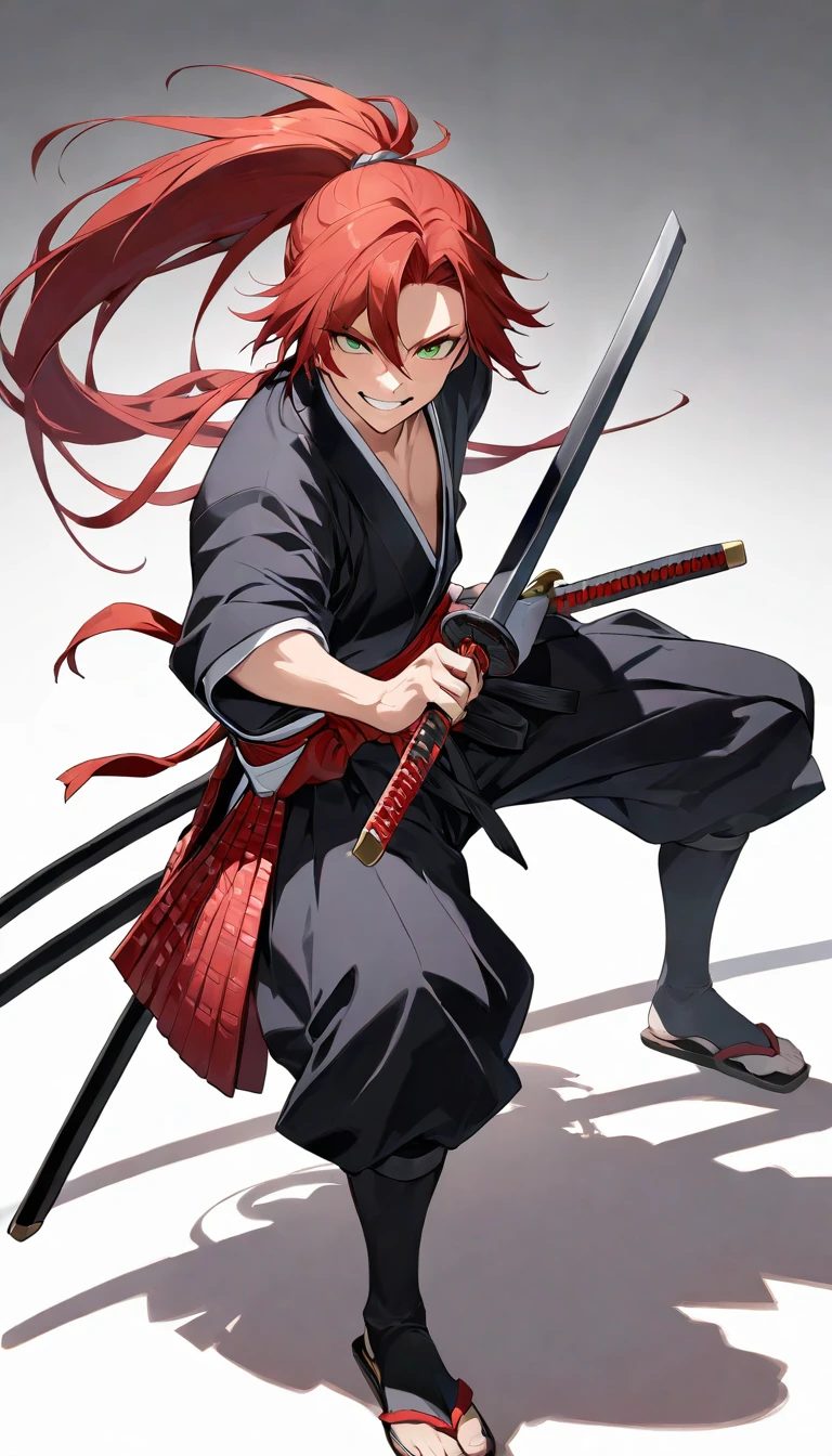 ruiva, rabo de cavalo frontal, Sorriso Maligno, anime, fazer uma sombra, alta qualidade, Alta resolução, 最alta qualidade, obra de arte, Jovem samurai, Ronin, Menino empunhando uma espada, Juhetang, 