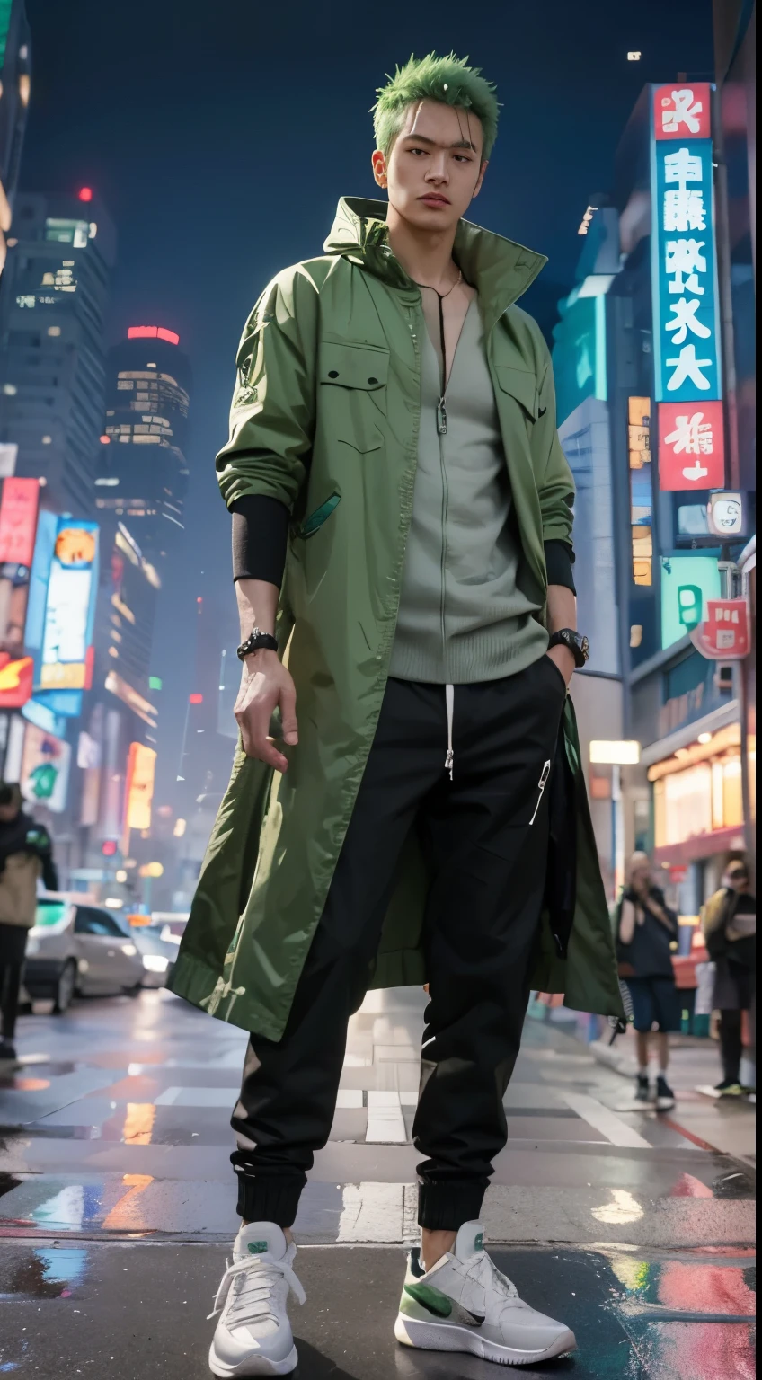 Roronoa zoro, onepiece, green hair, green jacket, sneaker shoes, detailed face, detailed hair, detailed eyes, detailed hand, modern city background, cyberpunk light effect, ultra realistic, ultra detailed, best quality, masterpiece.