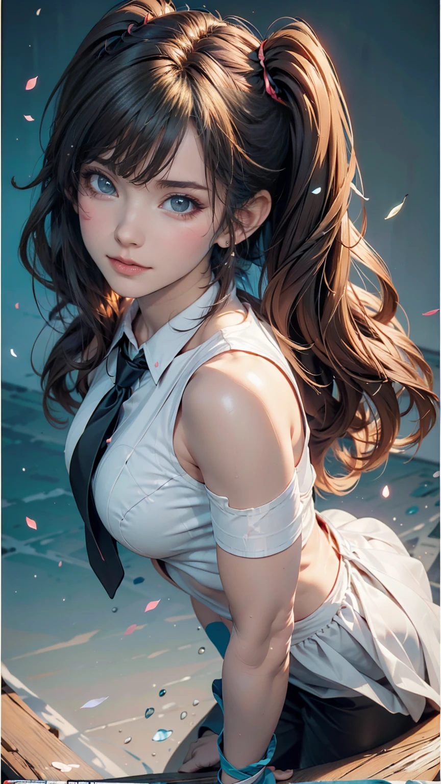 Innocence, Dark green hair, Twin tails, Put your arms behind your back, White Dress, Black waist tie, girl,blue eyes,Sexy proportions、Top view、Pop pastel color background、Cute Pumps、Wristband、Anime poster style