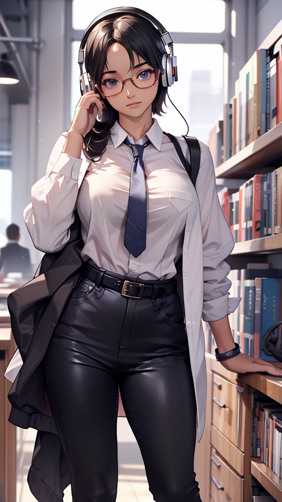 whole body, entire body, full body, total body, upright stance, erect posture, shoes, waist belt, 20-years-old beautiful office working female, (black rim glasses), (white headphones), black hair, date clothes, early summer costume, colorful costumes, intellectual atmosphere, knowledge, scholarship, enthusiasm, front of whole body, concentration, sense of accomplishment, masterpiece, top quality, 4K, academic atmosphere, (masterpiece), (best quality), ultra-high res, sharp focus, high definition eyes, anime style