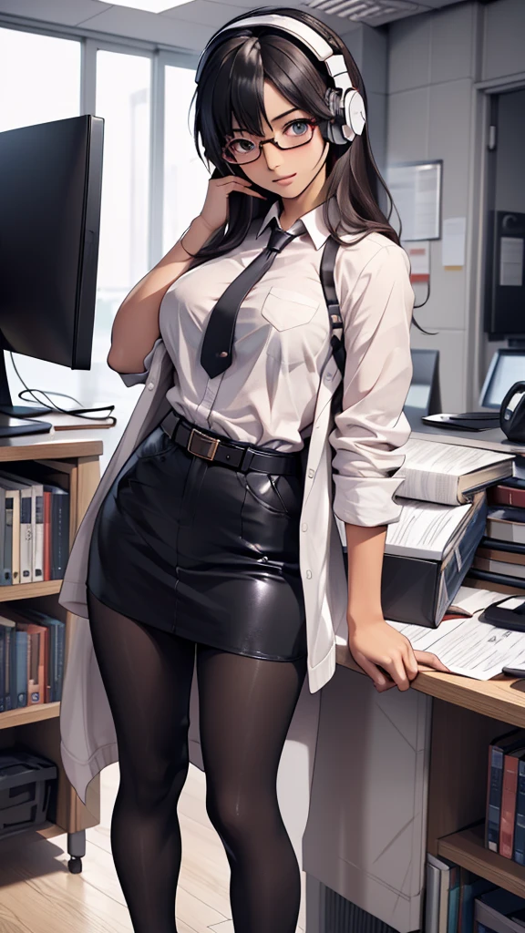 whole body, entire body, full body, total body, upright stance, erect posture, shoes, waist belt, 20-years-old beautiful office working female, (black rim glasses), (white headphones), black hair, date clothes, early summer costume, colorful costumes, intellectual atmosphere, knowledge, scholarship, enthusiasm, front of whole body, concentration, sense of accomplishment, masterpiece, top quality, 4K, academic atmosphere, (masterpiece), (best quality), ultra-high res, sharp focus, high definition eyes, anime style