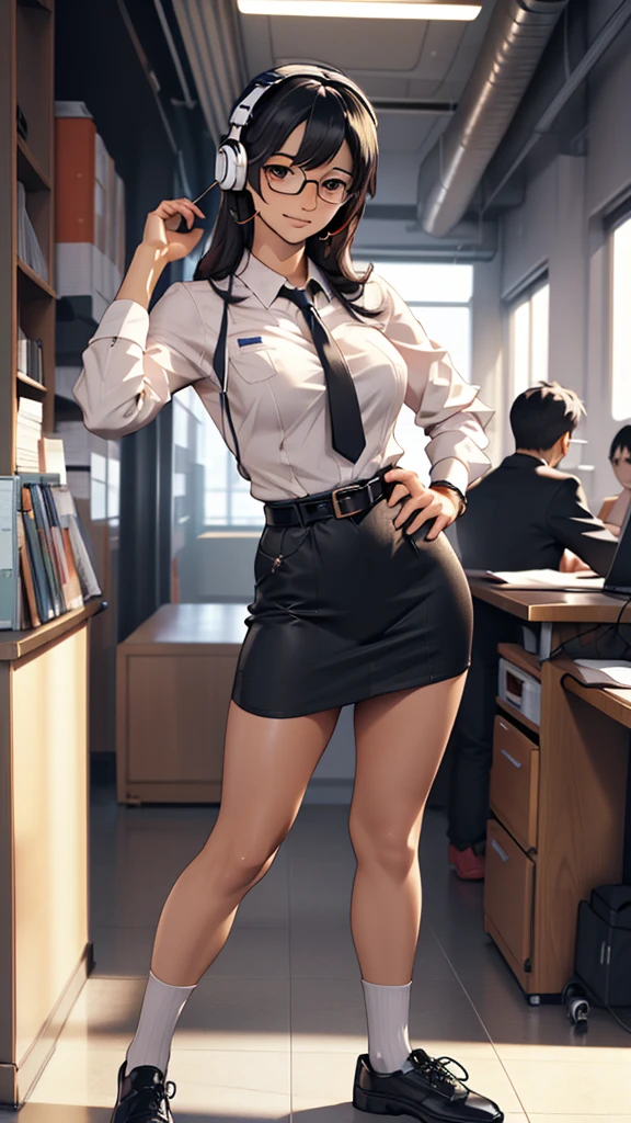 whole body, entire body, full body, total body, upright stance, erect posture, shoes, waist belt, 20-years-old beautiful office working female, (black rim glasses), (white headphones), black hair, date clothes, early summer costume, colorful costumes, intellectual atmosphere, knowledge, scholarship, enthusiasm, front of whole body, concentration, sense of accomplishment, masterpiece, top quality, 4K, academic atmosphere, (masterpiece), (best quality), ultra-high res, sharp focus, high definition eyes, anime style