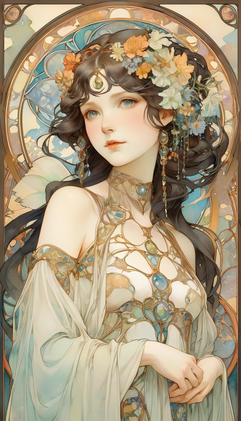 Depicts a beautiful woman with flowers in her hair、Highly detailed watercolor painting, The style of Alfons Maria Mucha and Gustav Kirmut, Art Nouveau accents, Fairy Princess, Anthropomorphic woman, Female figure, Detailed cover artwork, As the Flower Goddess, Alphonse Mucha, Gustav Klimt, Pale skin, Marble sculpture, society, Gothic art, Art Nouveau, Behance Contest Winner