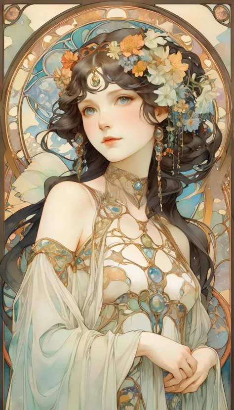 depicts a beautiful woman with flowers in her hair、highly detailed watercolor painting, the style of alfons maria mucha and gust...