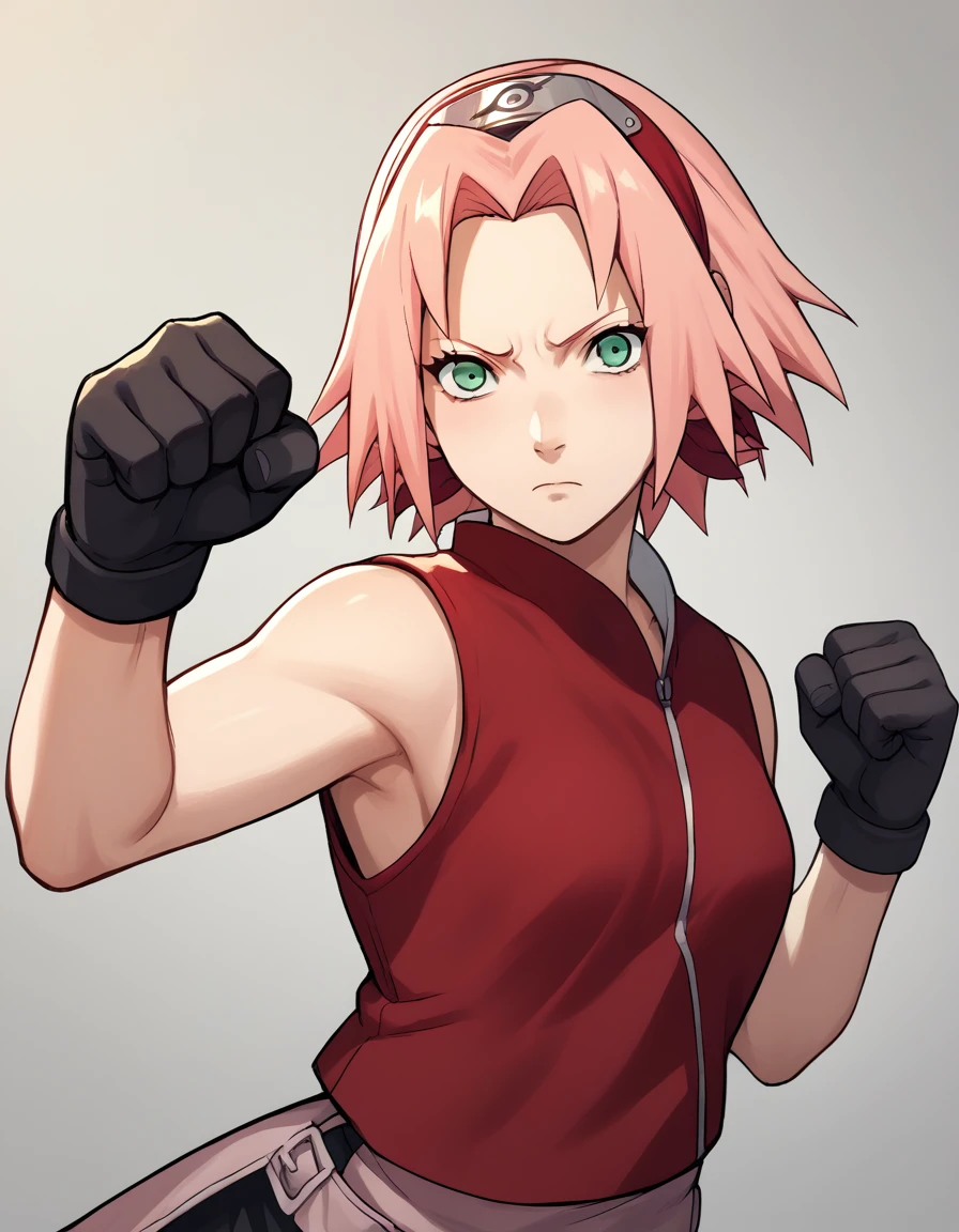 BREAK, source_anime,
1girl, haruno sakura, pink hair, short hair, green eyes, sleeveless, red shirt, forehead protector, beautiful legs, black gloves, pussy, bottomless, upper body, beautiful body, konohagakure background, figthing pose, punching, 