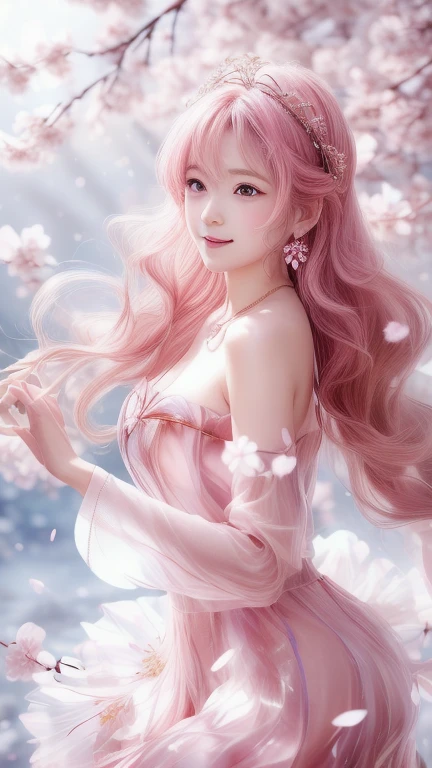 Prompt 1: Shower of Cherry Blossoms
Fairy's Appearance

Outfit: A dress made of cherry blossom petals. The design is fluffy and airy, with pink and white as the base colors, adorned with petals and leaves.
Hairstyle: Long wavy hair with a crown of cherry blossoms. The hair color is a soft pink.
Facial Features: Elegant and delicate features, large eyes, and light pink blush.
Accessories: Earrings and a necklace made of cherry blossom petals.
Location and Scenery

Location: A fully bloomed cherry blossom avenue. The background is filled with blooming cherry blossoms.
Time of Day: Morning, with soft daylight streaming in.
Scenery: Cherry blossom petals are dancing in the air, and the ground is covered with petals. The background has a clear blue sky.
Pose and Expression

The fairy is spreading her arms and dancing. She has a gentle smile on her face.