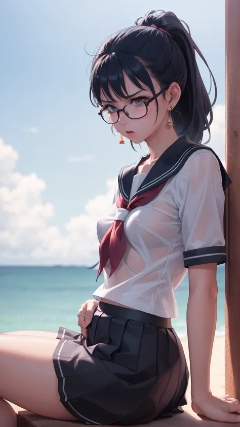 masterpiece, top quality, earrings, , sailor uniform, skirt, black hair, small breasts, girl, upper body, hot, sweating, sitting...