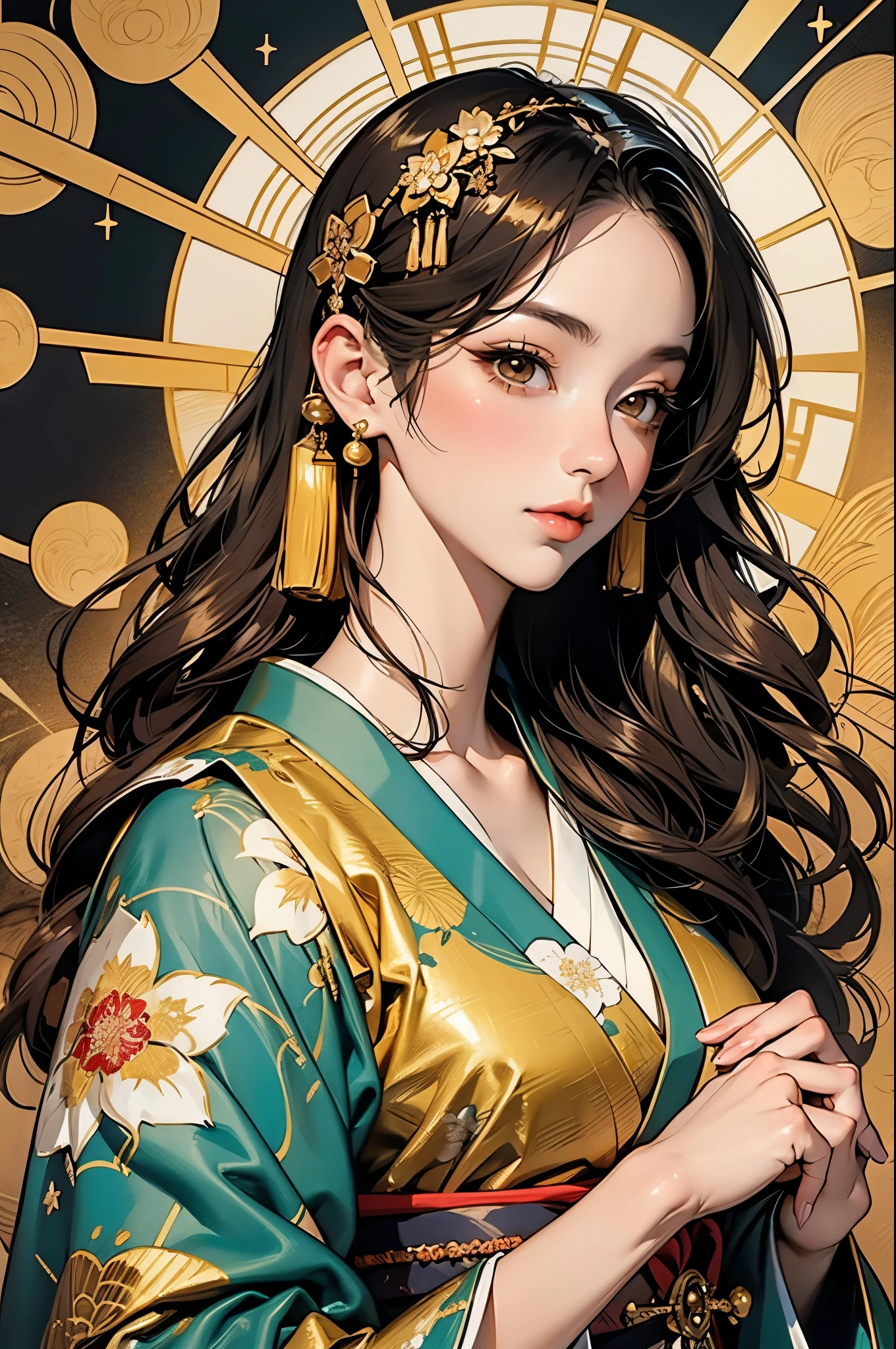 Eine Frau in einem goldenen Kimono-Kleid mit einem goldenen Heiligenschein, japanische Göttin, chie yoshii, elegante Japanerin, Porträt einer schönen Geisha, komplizierter Geisha-Kimono, japanischer Kunststil