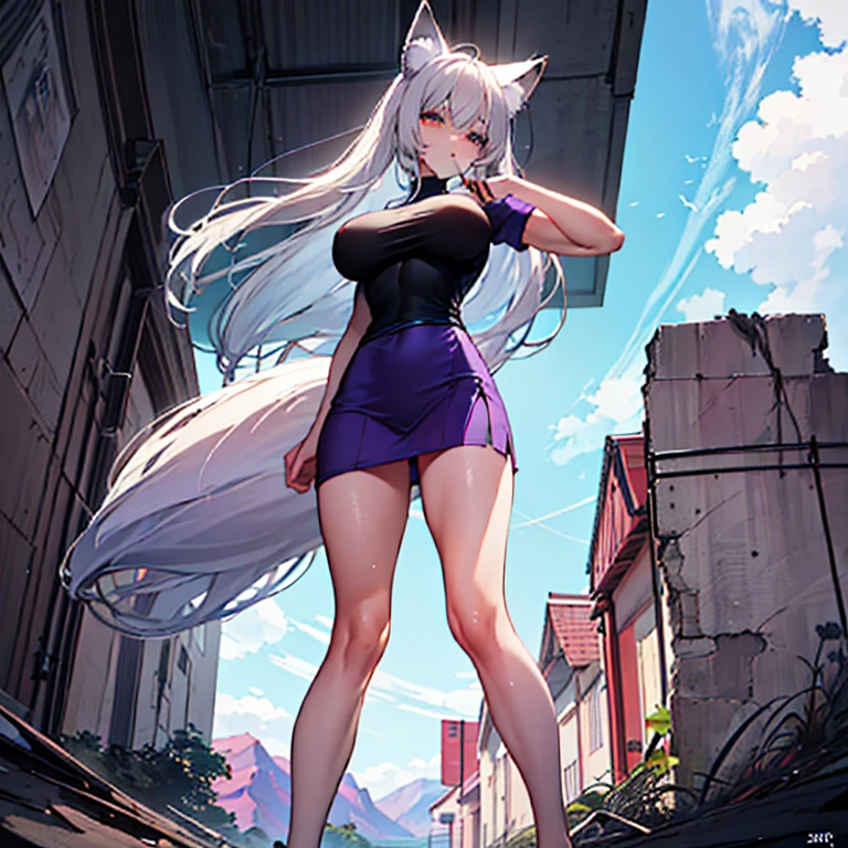 (8k, Realistic, RAW Photos, Highest quality, (from below:2), View your viewers: 1.3), (Fox Girl, Fox Ears, Silver Hair, One Girl, Long Hair, (Alone on the screen, dark skin), High definition:1.6), (Purple clothes, See-through shirt:1.8), (Body measurements are 99-55-77!, Height: 145cm, Nice body, Big Breasts, slender, muscle, (Stand with your legs apart, I can see the valley, bent over):1.9),(美しいface, Delicate drawing, It is written down in detail), Avatar, face, 色っぽいface, Dominant representation, naughty face, Uplifting, Skin Texture, outside, ruins, Ruined City, Broken Building, There are no people