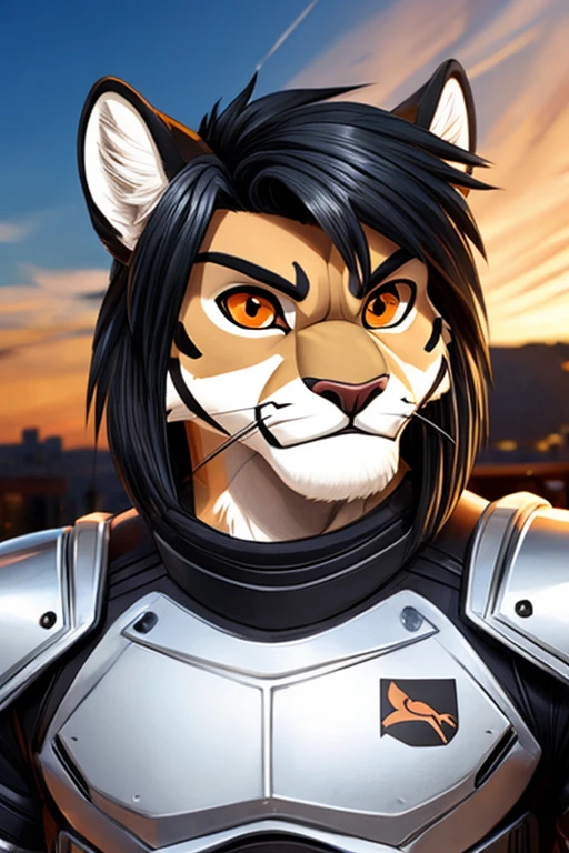 Art 2D Cartoon,furry Masculino,furry puma,little toned body,puma hair,fur color light blue with white and black dots,shorth hair,black hair color,orange eyes, lightweight armour, photo backdrop.