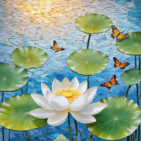 white background, white lotus, lotus leaves, swimming fish, flying butterflies, mosaic radiation: 1.2, welcoming sunlight: 0.8, ...