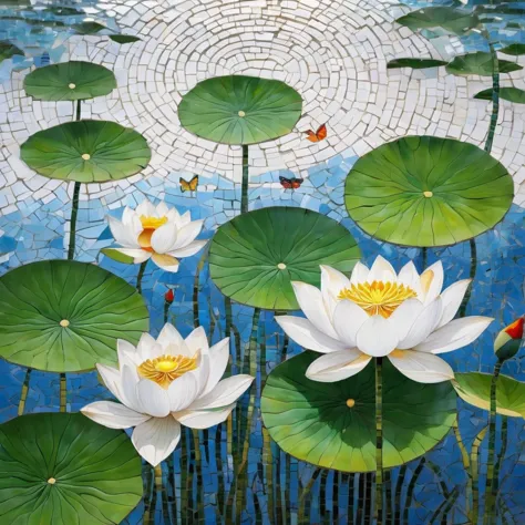 white background, white lotus, lotus leaves, swimming fish, flying butterflies, mosaic radiation: 1.2, welcoming sunlight: 0.8, ...