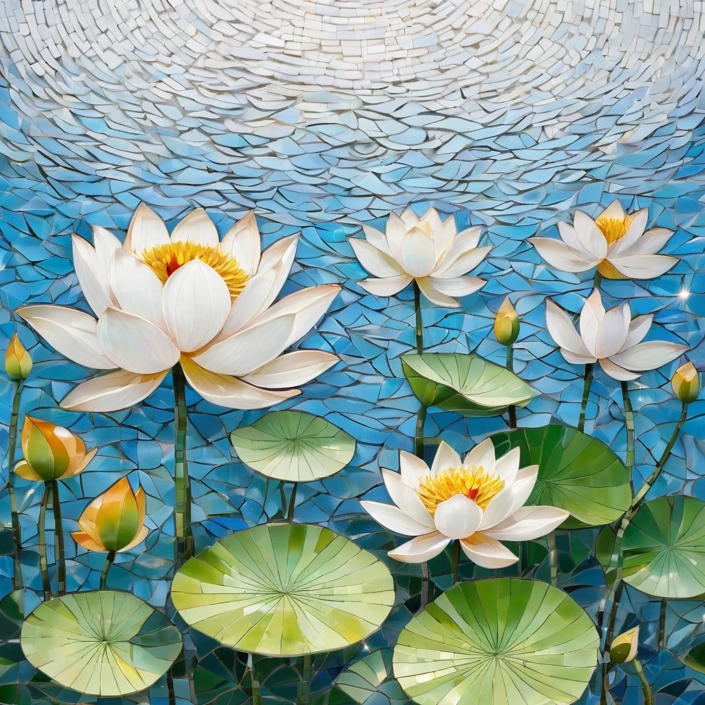 white background, white lotus, lotus leaves, swimming fish, flying butterflies, mosaic radiation: 1.2, welcoming sunlight: 0.8, Like pieces of glass transmitting warmth and energy into space: 0.4 Sparkling and dancing, clean. 