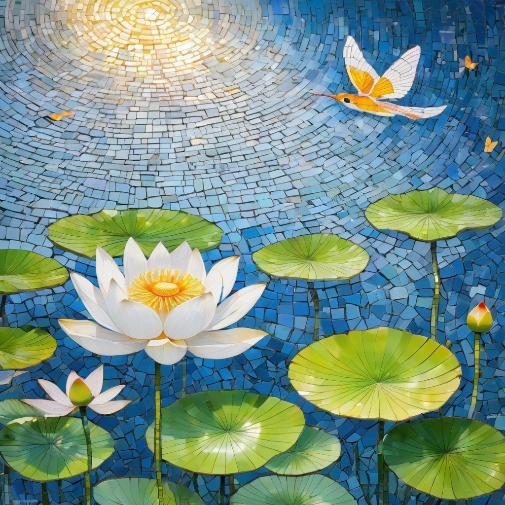 white background, white lotus, lotus leaves, swimming fish, flying butterflies, mosaic radiation: 1.2, welcoming sunlight: 0.8, Like pieces of glass transmitting warmth and energy into space: 0.4 Sparkling and dancing, clean. 