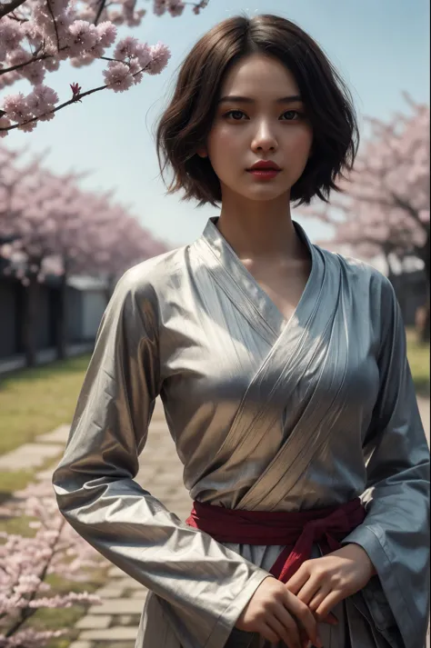 beautiful japanese young woman, wearing hazmat suit  made of silver, thick symmetrical features, very short hair, background is ...