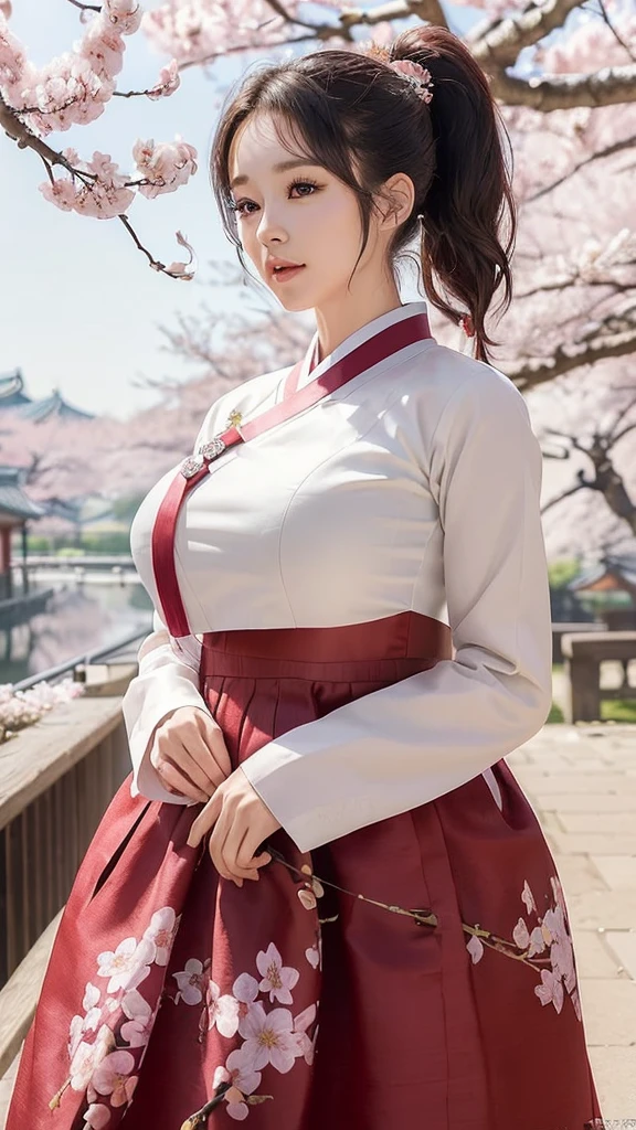 (best quality, 8k, masterpiece: 1.3), ((((((Incredibly huge breasts: 0.8))))), single ponytail, (beautiful face:1.3), Cherry blossoms are in full bloom, full of cherry blossoms, floating cherry blossom petals, very cool, Authentic Korean Hanbok