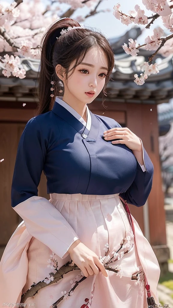 (best quality, 8k, masterpiece: 1.3), ((((((Incredibly huge breasts: 0.8))))), single ponytail, (beautiful face:1.3), Cherry blossoms are in full bloom, full of cherry blossoms, floating cherry blossom petals, very cool, Authentic Korean Hanbok