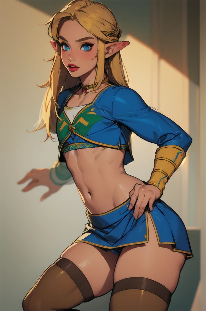 1 boy, solo, 1 boy, solo, solo, masterpiece, best quality, 18 years old, link, elf, tan skin, long blonde hair, blue eyes, eye shadow, lipstick, crop top, mini skirt, thigh highs, 