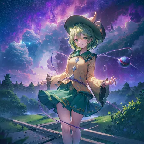 (((((east、koishi komeiji、third eye　close　galaxy background、shine)))))　((((swaying in the wind　green hair　目をclose))))　(((smile　pl...