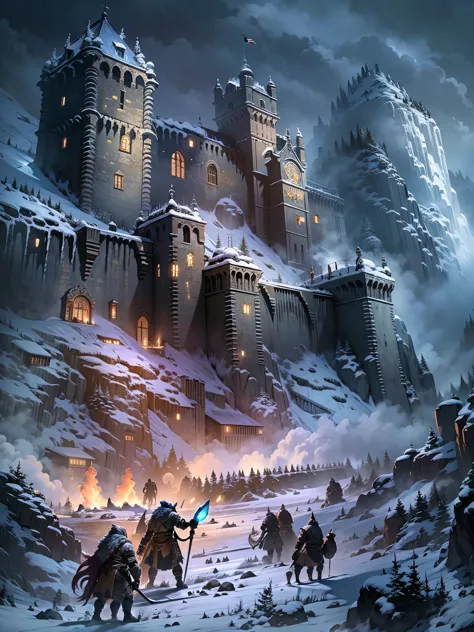 masterpiece, defense of a medieval citadel on top of a hill, the fortress is protected by a large wall, it is night in a cold wi...