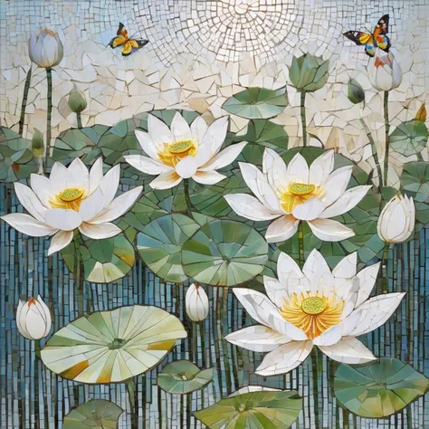 white background, many white lotus flowers, few leaves, butterflies flying, mosaic radiation: 1.2, welcoming sunlight: 0.8, like...