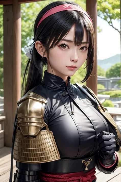 (japanese armor:1.2),japanese breastplate, japanese clothes,gloves,japanese sword,(japanese hair band:1.2),pony tail,black hair