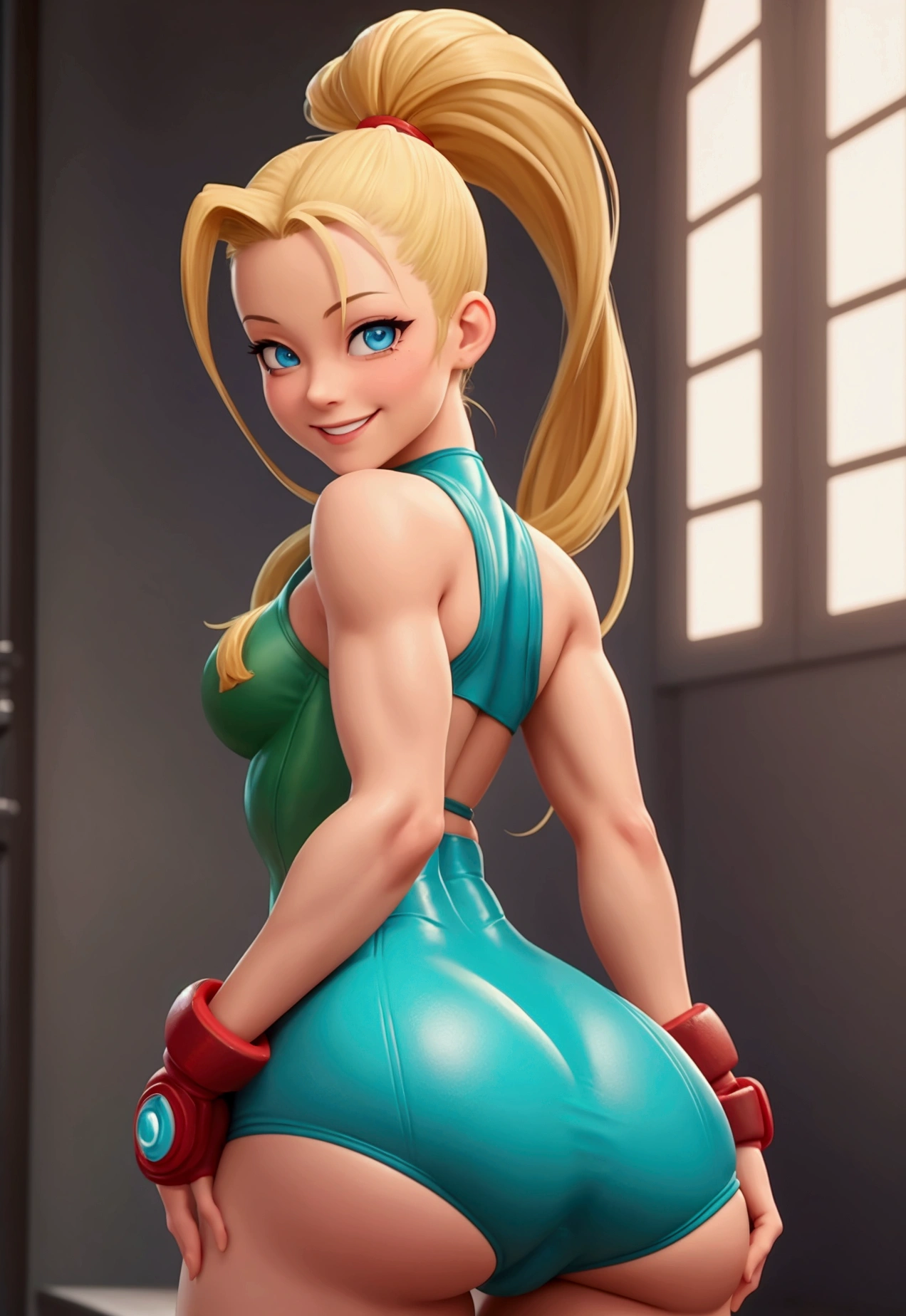 Die wunderschöne Cammy aus Street Fighter schaut lächelnd in die Kamera und posiert sexy, wobei sie ihren Hintern zeigt.