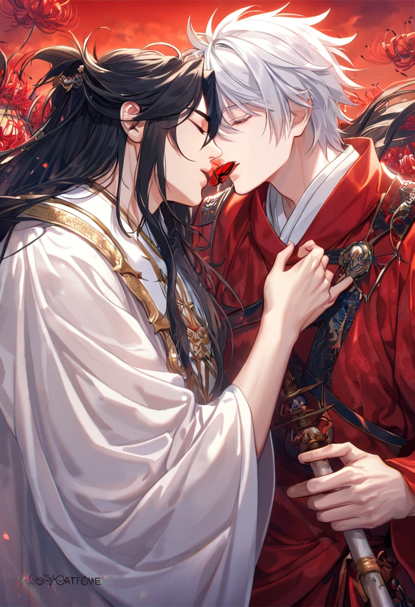 absurdres, highres, ultra detailed, HDR, master piece, best quality, extremely detailed face, delicated features, Xue Yu, untamed spiky hair, black hair, long hair, hair between the eyes, closed eyes, Thousand Years War, Gojou Satoru, white hair, messy hair, closed eyes, two sexy men kissing, gay couple, yaoi, handsome, black cape, red robes, white robes, accessories, patterns, red sky, red butterflies, red spider lilies, fantasy, magical, radiant, chinese ambiance