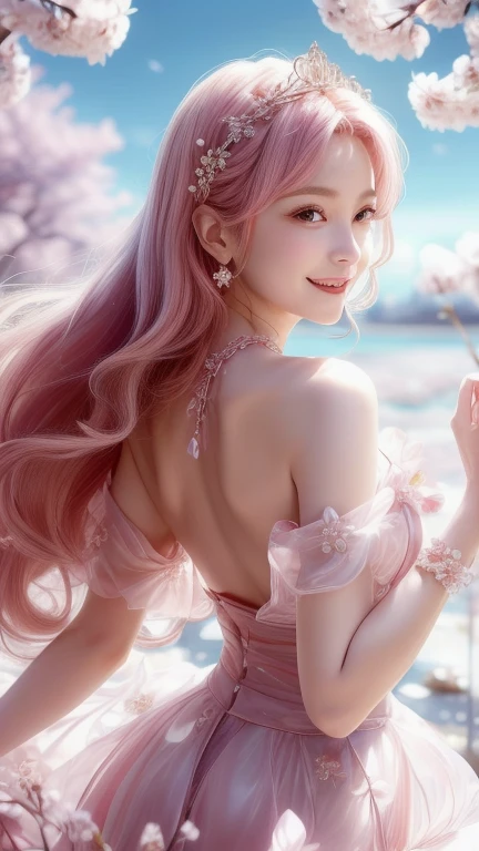 Prompt 3: Dancing with Petals
Fairy's Appearance

Outfit: A dress made of cherry blossom petals. The design is fluffy and airy, with pink and white as the base colors, adorned with petals and leaves.
Hairstyle: Long wavy hair with a crown of cherry blossoms. The hair color is a soft pink.
Facial Features: Elegant and delicate features, large eyes, and light pink blush.
Accessories: Earrings and a necklace made of cherry blossom petals.
Location and Scenery

Location: A fully bloomed cherry blossom avenue.
Time of Day: Morning, with soft daylight streaming in.
Scenery: Cherry blossom petals are dancing in the air. The background features a clear blue sky.
Pose and Expression

The fairy is dancing among the falling petals. She has her arms spread wide and is smiling joyfully.